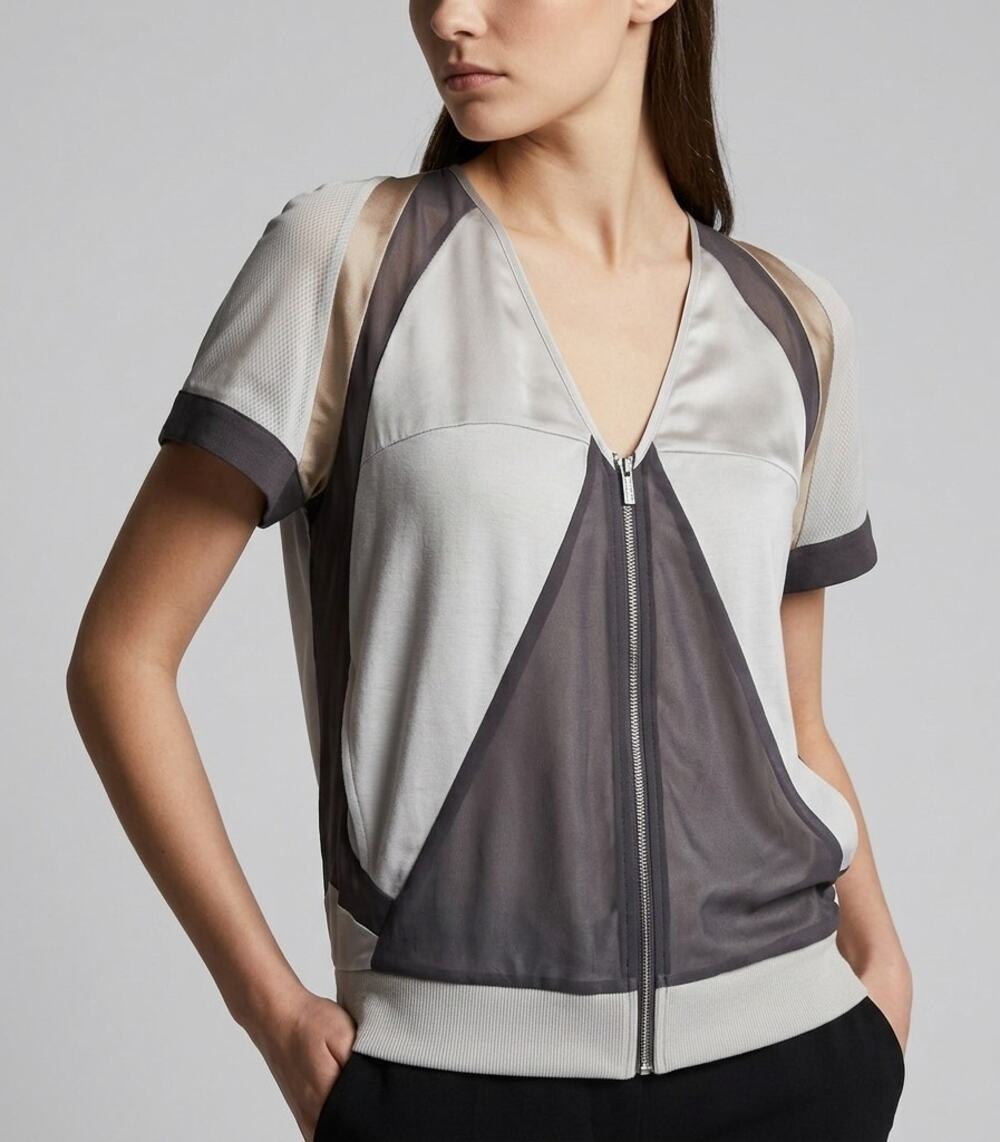 ARMANI EXCHANGE Silk Blend Colorblock Zip Up Top XS Sporty Luxe Track Style